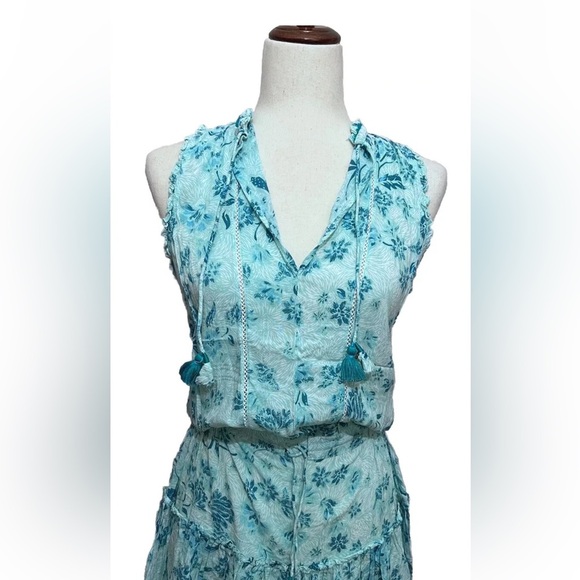 Poupette St Barth Dress Womens Size Small Aqua Teal Blue Floral Tassels - Picture 2 of 9